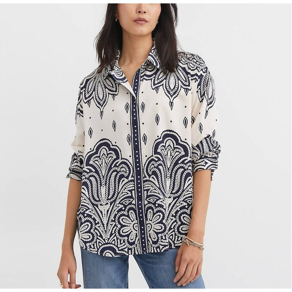 Loft Everyday Tunic Top Women's Medium Cream Black Paisley Button Down Cowgirl